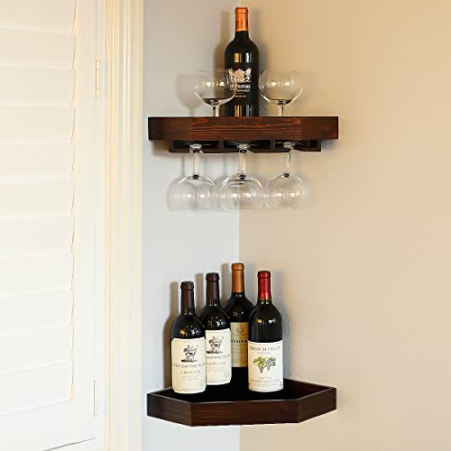 WELLAND Rustic Wood Corner Floating Shelves Wall Mount Corner Wine Rack -2 Pack with 6 Glass Slot Holder