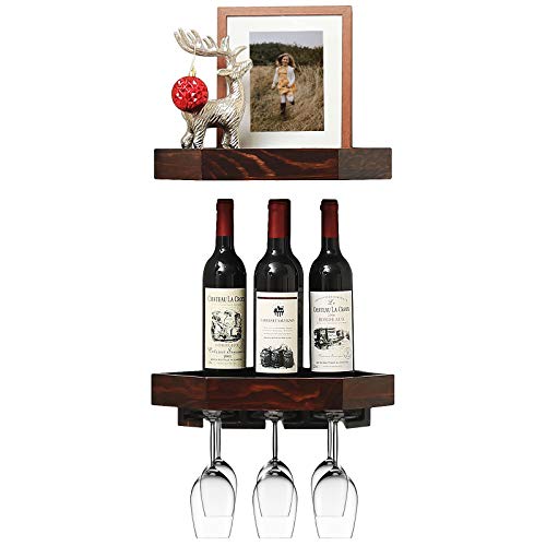 WELLAND Rustic Wood Corner Floating Shelves Wall Mount Corner Wine Rack -2 Pack with 6 Glass Slot Holder