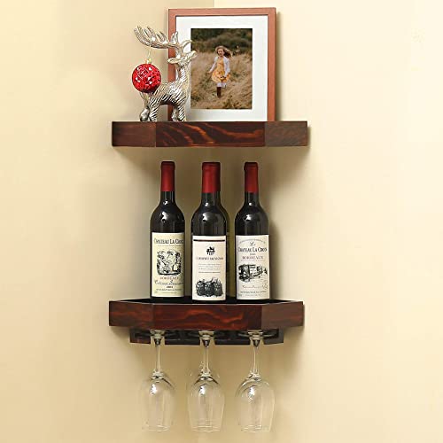 WELLAND Rustic Wood Corner Floating Shelves Wall Mount Corner Wine Rack -2 Pack with 6 Glass Slot Holder