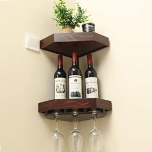 WELLAND Rustic Wood Corner Floating Shelves Wall Mount Corner Wine Rack -2 Pack with 6 Glass Slot Holder