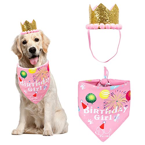 ADOGGYGO Dog Birthday Bandana Hat Set Dog Puppy Birthday Party Supply Dog Bandana Boy Girl Puppy Birthday Hat Scarf for Small Medium Dog Pet (Pink Scarf & Crown)