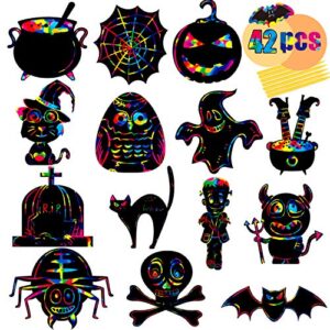 halloween scratch paper art,funnlot 42pcs halloween scratch paper halloween games for kids halloween ornaments scratch magic scratch off cards paper birthday education game halloween craft with tool