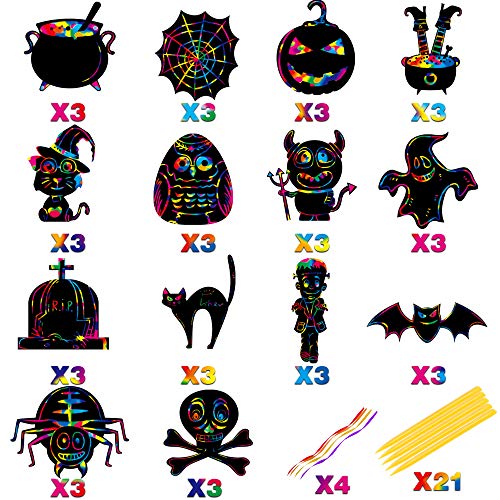 Halloween Scratch Paper Art,Funnlot 42PCS Halloween Scratch Paper Halloween Games for Kids Halloween Ornaments Scratch Magic Scratch Off Cards Paper Birthday Education Game Halloween Craft with Tool