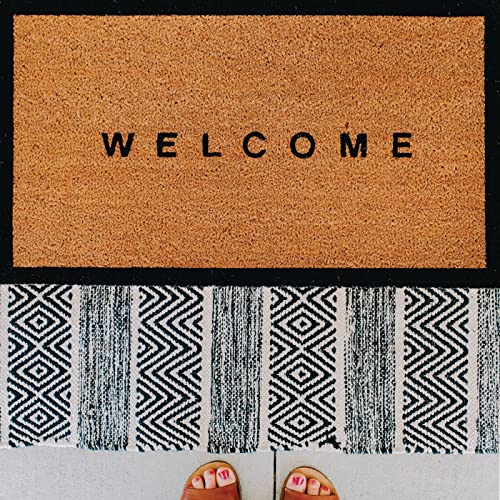 THEODORE MAGNUS Natural Coir Doormat with Non-Slip Backing - 17 x 30 - Outdoor/Indoor - Welcome Mats - Natural - Welcome w/Border - COIR-1730-15-121