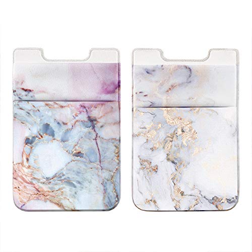 Obbii 2Pack Phone Card Holder Stretchy Lycra Wallet Pocket Credit Card ID Case Pouch Sleeve 3M Adhesive Sticker on iPhone Samsung Galaxy Android Smartphones (Pink Marble & White Golden Marble)