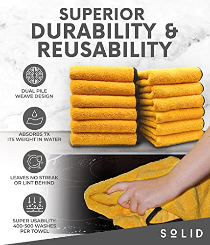 Solid Multipurpose Plush Microfiber Cleaning Cloth - Cleaning Towel for Household, Car Washing, Drying & Auto Detailing - 12" x 12" (Yellow, 12)