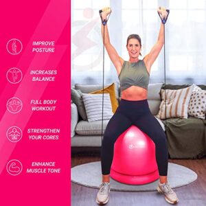 INTENT SPORTS Yoga Ball Chair – Stability Ball with Inflatable Stability Base & Resistance Bands, Fitness Ball for Home Gym, Office, Improves Back Pain, Core, Posture & Balance (65 Cm) (Pink)