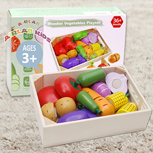 Wooden Play Food for Kids Kitchen Toys for Toddlers Cutting Pretend Toy Food Wooden Fruits Vegetables Gift for Boys Girls Educational Toys