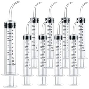 9 pack 12ml/cc dental syringe with curved tip & measurement disposable graduated dental irrigation syringe for oral dental care, tonsil stones removing, lab, feed small pet (9 pack-curved-measurement)