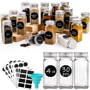 Tebery 30 Pack Glass Spice Jars Bottles 4oz Empty Square Spice Containers with Silver Metal Lids Complete Organizer Set Includes Shaker Tops, Wide Funnel and Labels