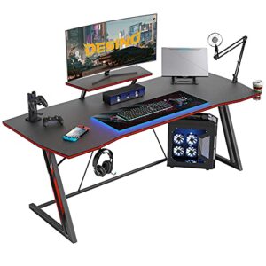 desino gaming desk 55 inch pc computer desk, home office desk gaming table z shaped gamer workstation with cup holder and headphone hook, black