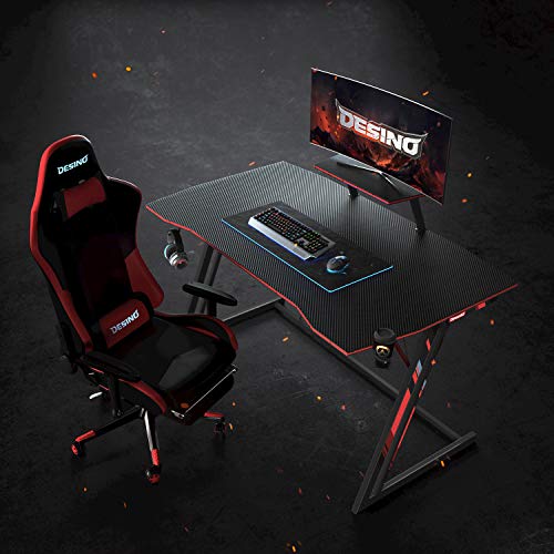 DESINO Gaming Desk 55 inch PC Computer Desk, Home Office Desk Gaming Table Z Shaped Gamer Workstation with Cup Holder and Headphone Hook, Black