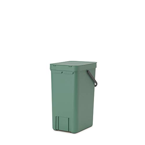 Brabantia Sort & Go Kitchen Recycling Bin (16 L/Fir Green) Stackable Waste Organiser with Handle & Removable Lid, Easy Clean, Fixtures Included for Wall/Cupboard Mounting