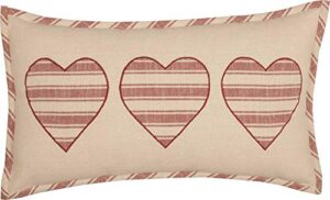 piper classics market place red triple heart applique throw pillow cover, 12" l x 20" w, cream w/red ticking stripe hearts, valentine's day, love, country farmhouse