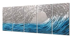 yihui arts metal wall art - silver sea waves 3d sculpture, 5 piece hand crafted aluminum coastal artwork for large abstract living room, bedroom, bathroom decor - blue