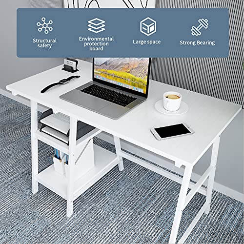 Natwind 43" White Desk Home Office Computer Working Kid Student Study Table with 2-Tier Storage Bookshelves Modern Simple Study Laptop Writing Elegant Style Desk Workstation for Office Home White