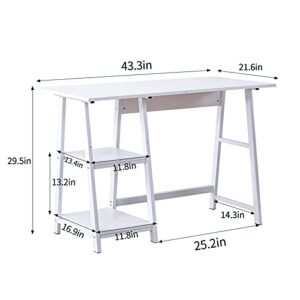 Natwind 43" White Desk Home Office Computer Working Kid Student Study Table with 2-Tier Storage Bookshelves Modern Simple Study Laptop Writing Elegant Style Desk Workstation for Office Home White