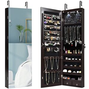 giantex wall door mounted jewelry armoire cabinet with 47.5" h full length mirror, 2 leds lockable jewelry organizer box with bracelet rod, 2 drawers, large storage capacity (espresso)