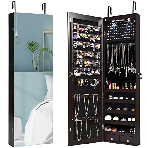 Giantex Wall Door Mounted Jewelry Armoire Cabinet with 47.5" H Full Length Mirror, 2 LEDs Lockable Jewelry Organizer Box with Bracelet Rod, 2 Drawers, Large Storage Capacity (Espresso)