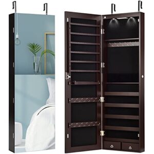 Giantex Wall Door Mounted Jewelry Armoire Cabinet with 47.5" H Full Length Mirror, 2 LEDs Lockable Jewelry Organizer Box with Bracelet Rod, 2 Drawers, Large Storage Capacity (Espresso)