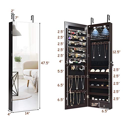 Giantex Wall Door Mounted Jewelry Armoire Cabinet with 47.5" H Full Length Mirror, 2 LEDs Lockable Jewelry Organizer Box with Bracelet Rod, 2 Drawers, Large Storage Capacity (Espresso)