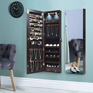 Giantex Wall Door Mounted Jewelry Armoire Cabinet with 47.5" H Full Length Mirror, 2 LEDs Lockable Jewelry Organizer Box with Bracelet Rod, 2 Drawers, Large Storage Capacity (Espresso)