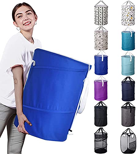 BAGAIL 85L Pop Up Laundry Hamper Bucket Cylindric, Foldable Clothes Bag, Folding Washing Bin,Large Capacity Collapsible Drawstring Closure Polyester Laundry Storage Basket with Handles(Blue)