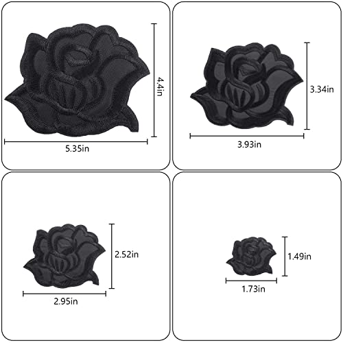 Black Rose Fabric Patches Rose Flower Repair Patches 4 Size Sew on or Iron on Applique Patches for Jacket Jeans Clothes Hats Shoes Bags (8 Pieces)