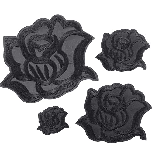 Black Rose Fabric Patches Rose Flower Repair Patches 4 Size Sew on or Iron on Applique Patches for Jacket Jeans Clothes Hats Shoes Bags (8 Pieces)