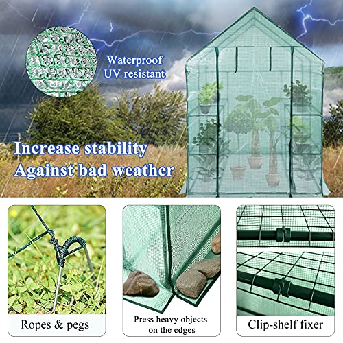 Greenhouses for Outdoors, PE Walk in Greenhouse with 2 Side Mesh Windows, Portable Green House with Anchors & Ropes Stands Up to Wind, 4.7x4.7x6.3FT