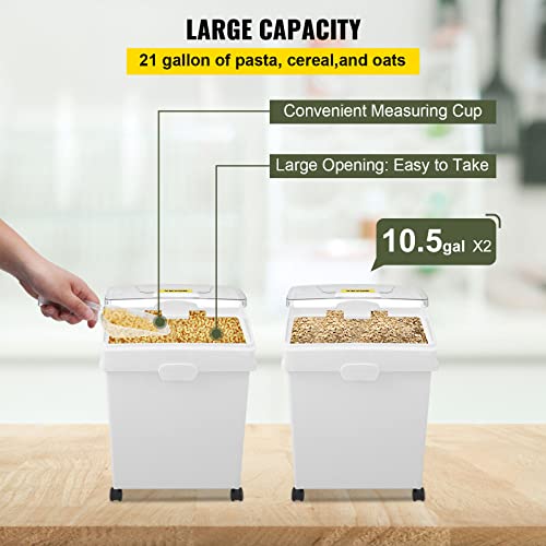 VEVOR 10.5 Gallons Ingredient Bin, Ingredient Storage Bin 2 Pcs/Set, PP Material Flour Bins On Wheels, White Shelf Ingredient Bin with Scoop and Sliding Lid, Commercial Storage Bins