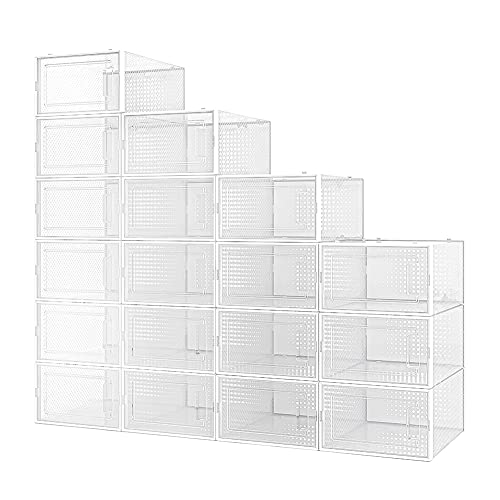 Crestlive Products 18 Pack Shoe Storage Box, Plastic Foldable Shoe Box, Stackable Clear Shoe Organizer Bins, Drawer Type Front Sneaker Containers (X-Large/White)