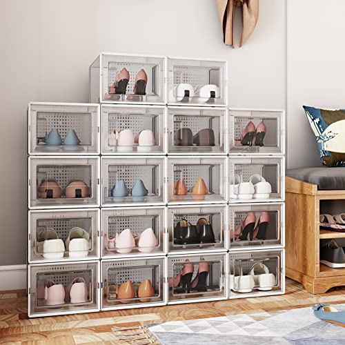 Crestlive Products 18 Pack Shoe Storage Box, Plastic Foldable Shoe Box, Stackable Clear Shoe Organizer Bins, Drawer Type Front Sneaker Containers (X-Large/White)