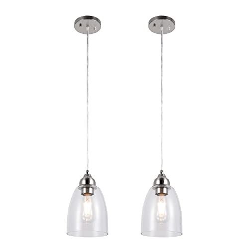 GRUENLICH Pendant Lighting Fixture for Kitchen and Dining Room, Hanging Ceiling Lighting Fixture, E26 Medium Base, Metal Construction with Clear Glass, Bulb not Included, 2-Pack, Nickel Finish