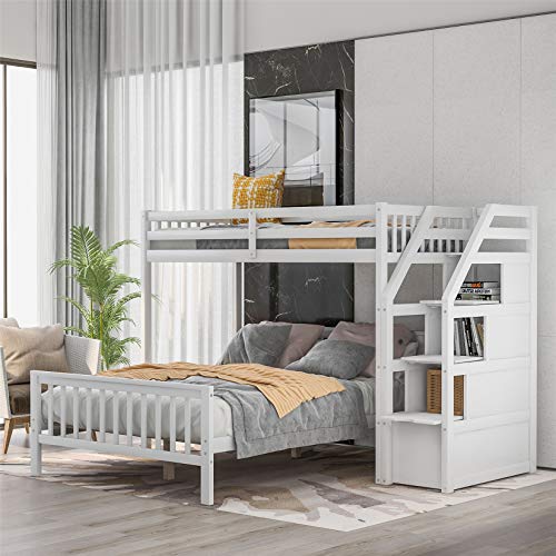 Twin Over Full Bunk Bed, Wood L-Shaped Bunk Beds with Storage Stairs, Twin Over Full Bunk Bed Frame with Guardrails and Ladder for Kids Boys Girls Teens Adults, Can be Convertible into 2 Beds, White