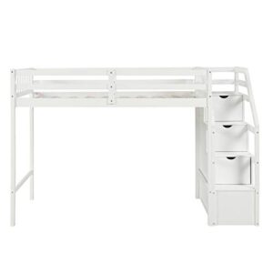 Twin Over Full Bunk Bed, Wood L-Shaped Bunk Beds with Storage Stairs, Twin Over Full Bunk Bed Frame with Guardrails and Ladder for Kids Boys Girls Teens Adults, Can be Convertible into 2 Beds, White