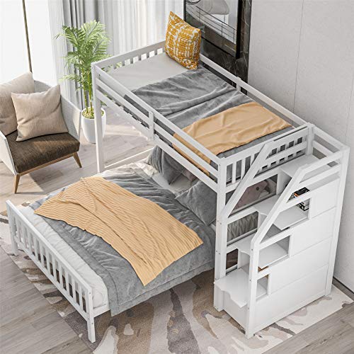 Twin Over Full Bunk Bed, Wood L-Shaped Bunk Beds with Storage Stairs, Twin Over Full Bunk Bed Frame with Guardrails and Ladder for Kids Boys Girls Teens Adults, Can be Convertible into 2 Beds, White