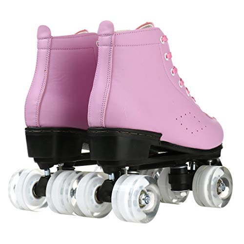 Women's Roller Skates PU Leather High-top Roller Skates Four-Wheel Roller Skates Shiny Roller Skates with Carry Bag for Girls (Pink Flash Wheel,10)