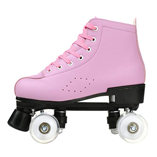 Women's Roller Skates PU Leather High-top Roller Skates Four-Wheel Roller Skates Shiny Roller Skates with Carry Bag for Girls (Pink Flash Wheel,10)