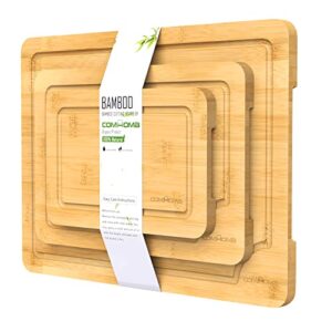 comhoma bamboo cutting board (3 piece set) wood cutting board kitchen chopping board with juice groove and serving tray for meat vegetables fruits cheese
