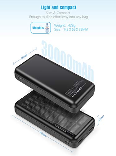 MINRISE Portable Charger 30000mAh, Power Bank Solar Charger with 2 USB Outputs and USB-C (Input Only), External Battery Pack for Outdoor Activities Compatible with Cellphones etc