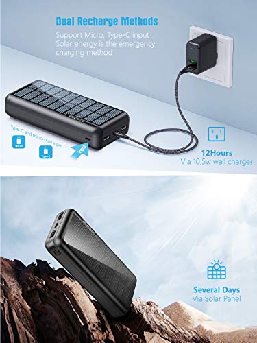 MINRISE Portable Charger 30000mAh, Power Bank Solar Charger with 2 USB Outputs and USB-C (Input Only), External Battery Pack for Outdoor Activities Compatible with Cellphones etc