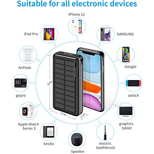 MINRISE Portable Charger 30000mAh, Power Bank Solar Charger with 2 USB Outputs and USB-C (Input Only), External Battery Pack for Outdoor Activities Compatible with Cellphones etc