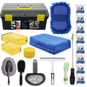 autodeco 25pcs microfibre car wash cleaning tools set gloves towels applicator pads sponge car care kit wheel brush car cleaning kit with storage box black grey yellow handle