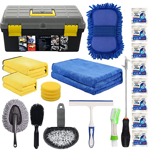 AUTODECO 25Pcs Microfibre Car Wash Cleaning Tools Set Gloves Towels Applicator Pads Sponge Car Care Kit Wheel Brush Car Cleaning Kit with Storage Box Black Grey Yellow Handle