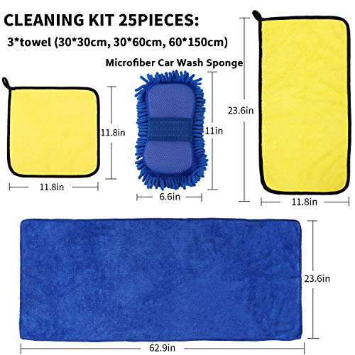 AUTODECO 25Pcs Microfibre Car Wash Cleaning Tools Set Gloves Towels Applicator Pads Sponge Car Care Kit Wheel Brush Car Cleaning Kit with Storage Box Black Grey Yellow Handle