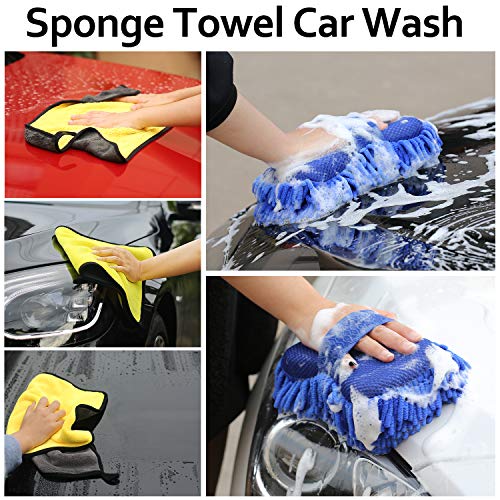 AUTODECO 25Pcs Microfibre Car Wash Cleaning Tools Set Gloves Towels Applicator Pads Sponge Car Care Kit Wheel Brush Car Cleaning Kit with Storage Box Black Grey Yellow Handle