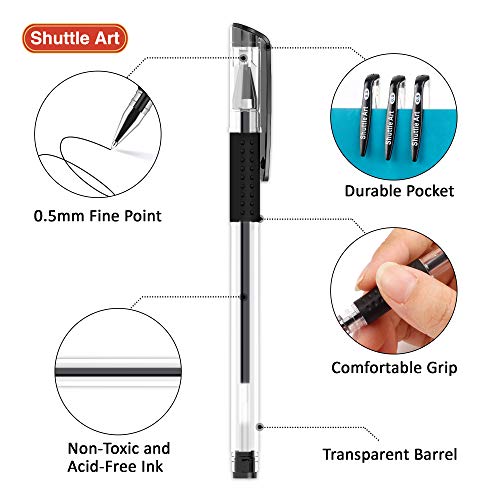 Shuttle Art Black Gel Pens, 50 Pack Fine Point Black Ink Pens Bulk, 0.5mm Rollerball Gel Ink Pens Smooth Writing with Comfortable Grip for Office, School and Home