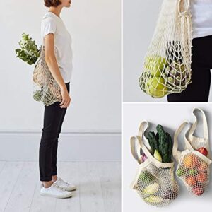 Lemonfilter Reusable Mesh Grocery Bags, 5 Pack Cotton Mesh Produce Bags, Foldable Washable Cotton String Shopping Bags Long Handle Net Tote Bag for Vegetables Fruit Farmers Market Shopping (3 color)