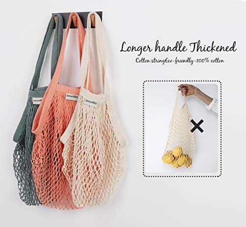 Lemonfilter Reusable Mesh Grocery Bags, 5 Pack Cotton Mesh Produce Bags, Foldable Washable Cotton String Shopping Bags Long Handle Net Tote Bag for Vegetables Fruit Farmers Market Shopping (3 color)